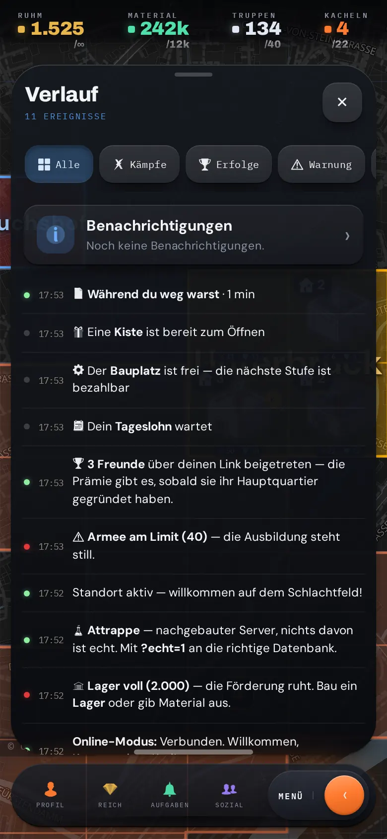 Im Verlauf steht alles, was passiert ist
