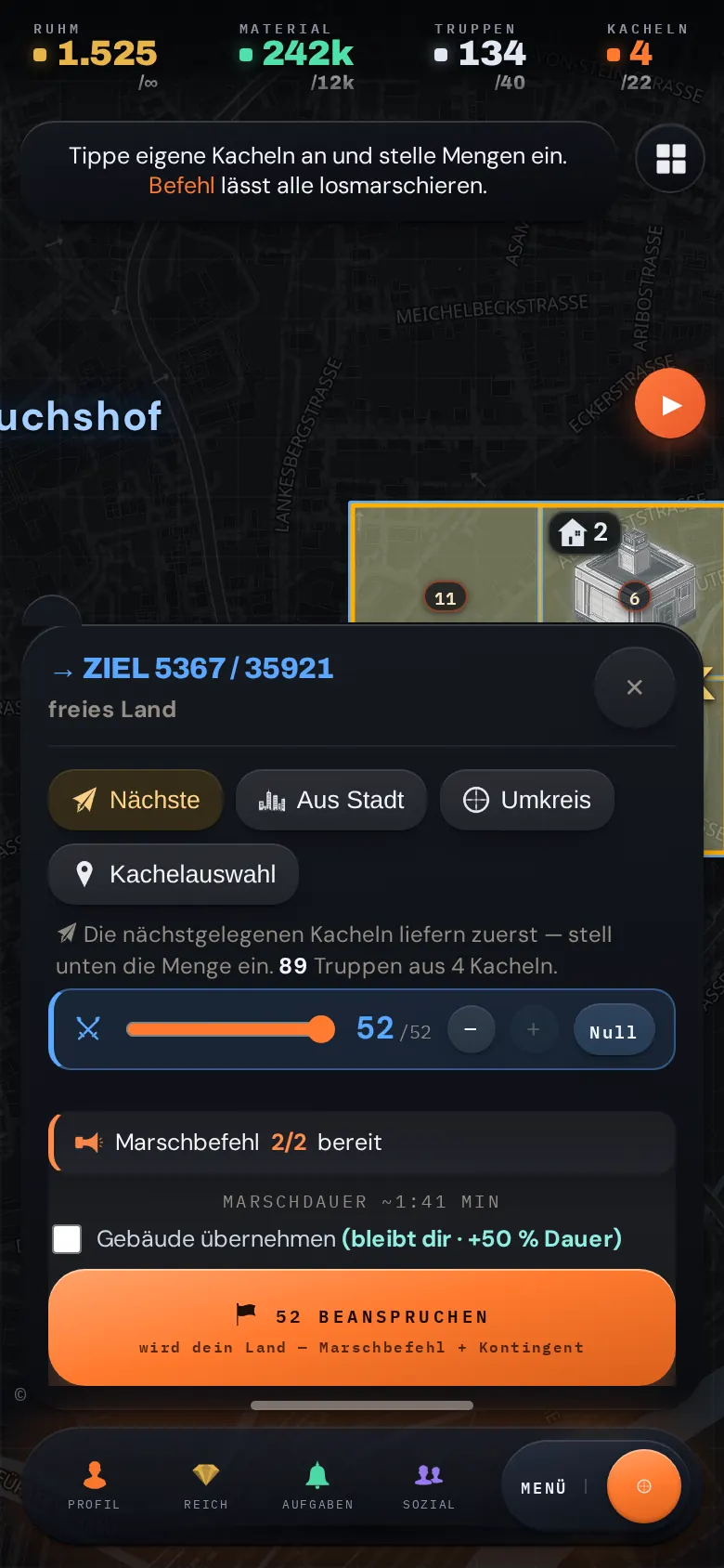 Kacheln antippen, Menge wählen, losschicken