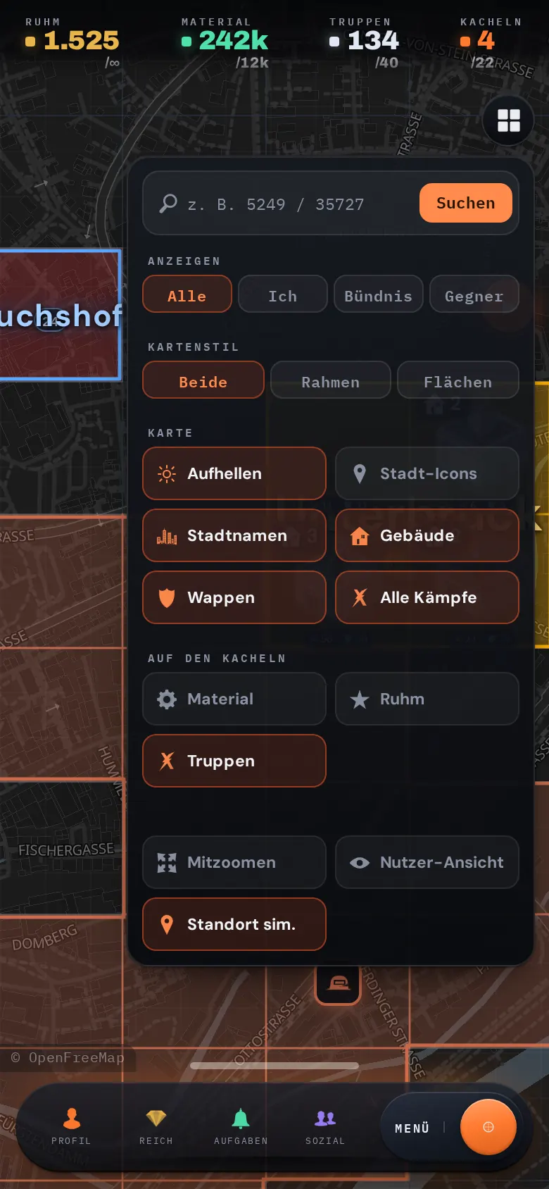 Die Kartenansicht: Material und Ruhm auf der Karte zeigen