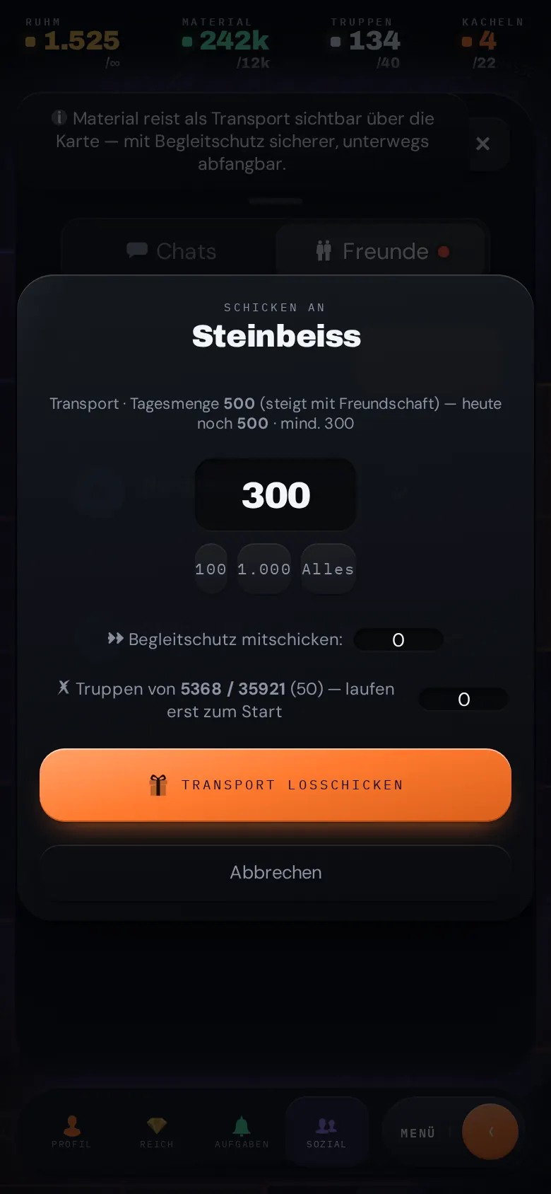 Einen Transport an einen Freund schicken