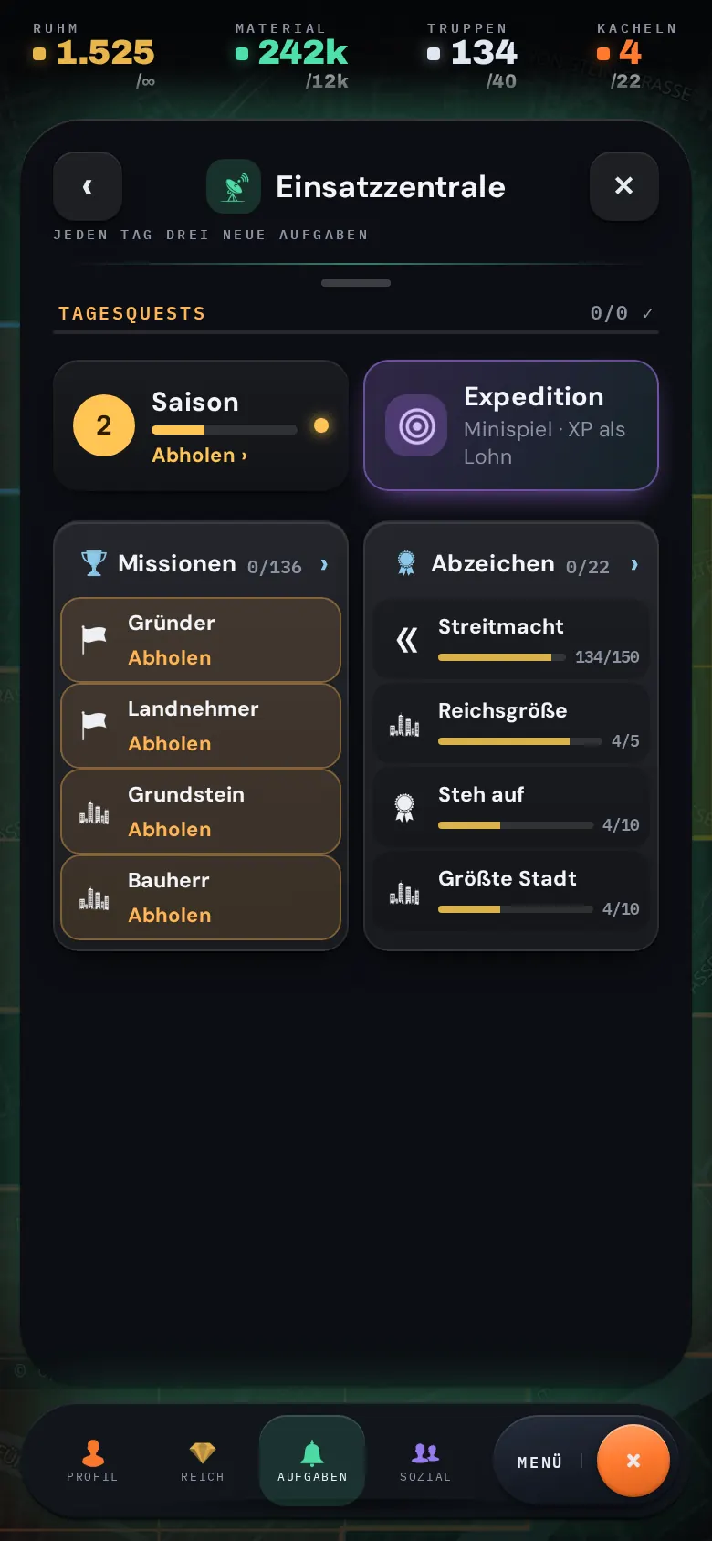 Die Einsatzzentrale mit Tagesquests, Missionen und Abzeichen