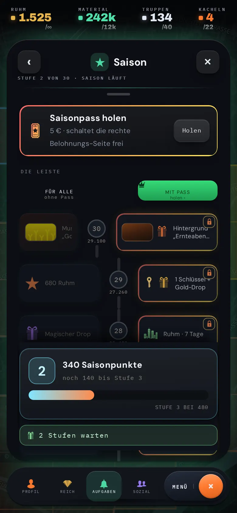 Die Saisonleiste mit Belohnungen